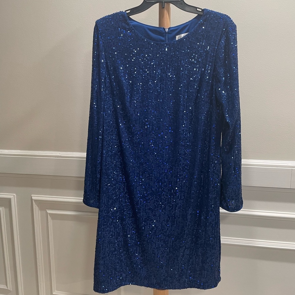 Eliza J Boat Neck Royal Blue Sequined Cocktail Length Long Sleeve Dress Size 14